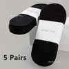 Five pairs of black invisible silicone no-show boat socks displayed on a white background.