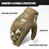 A close-up view of tactical full finger combat gloves in camouflage fabric with a cushion pad and wear resistant micro fiber.