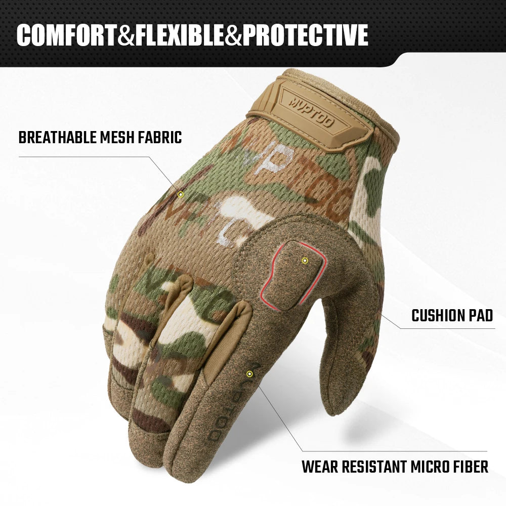 A close-up view of tactical full finger combat gloves in camouflage fabric with a cushion pad and wear resistant micro fiber.