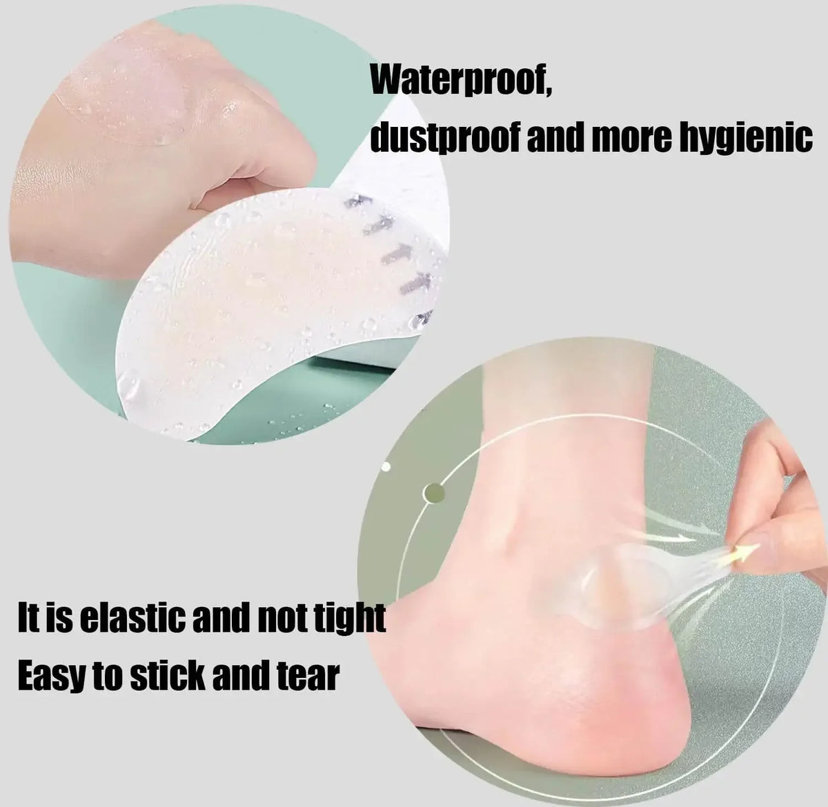A close-up of a hydrocolloid blister gel pad being applied to the foot, highlighting its elastic and protective qualities.