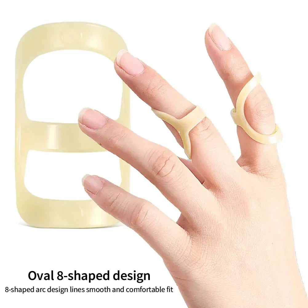 A hand is shown wearing a yellow oval 8-shaped finger splint for joint support.
