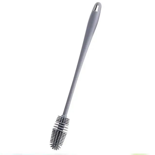 A silver sport straw water bottle with a long, slender straw and a textured silicone tip.
