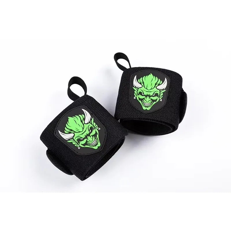 Bandes de poignet de gym noires avec tête de dragon vert pour l'entraînement de force.