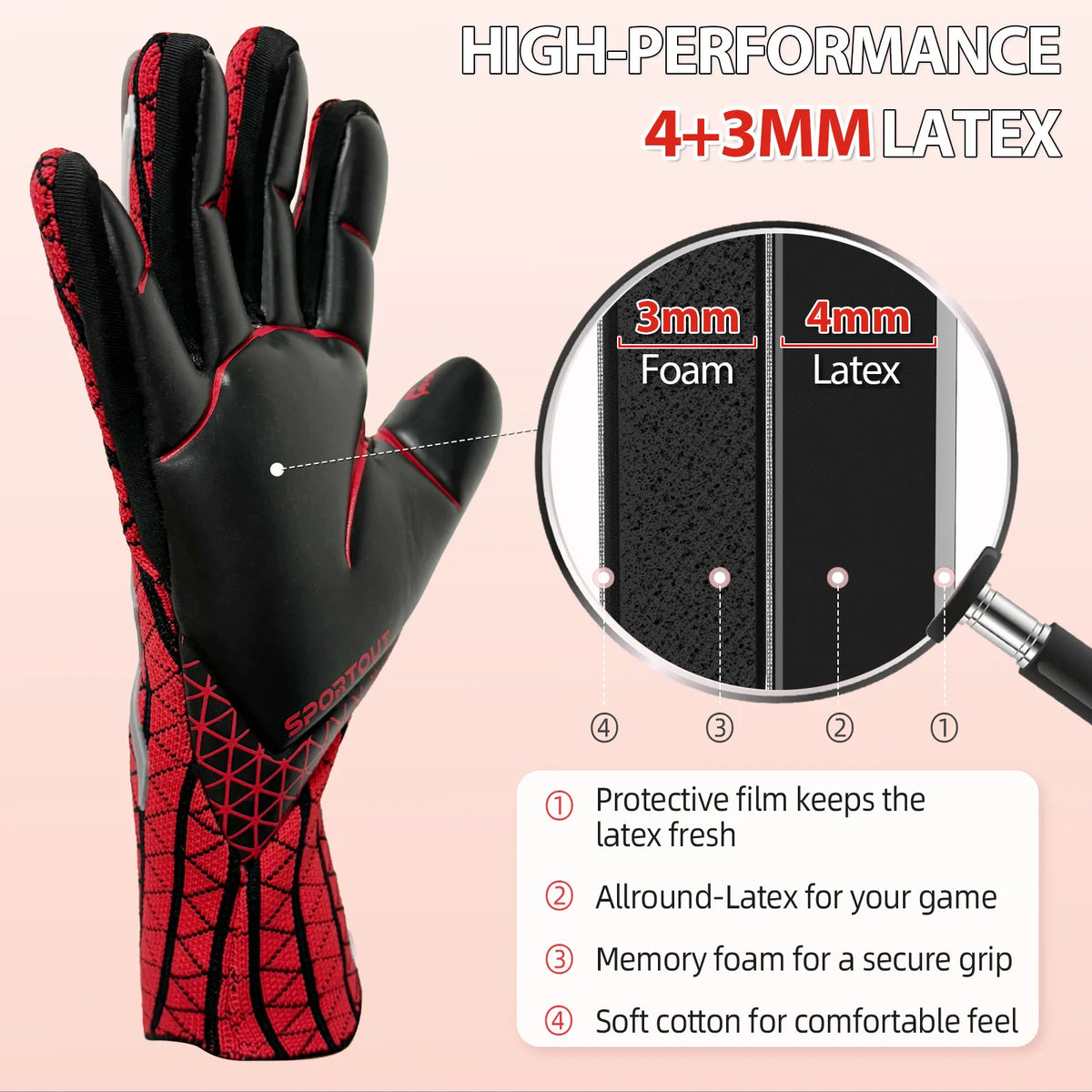 Close-up of black and red performance goalkeeper gloves showing layers of 3mm foam and 4mm latex.