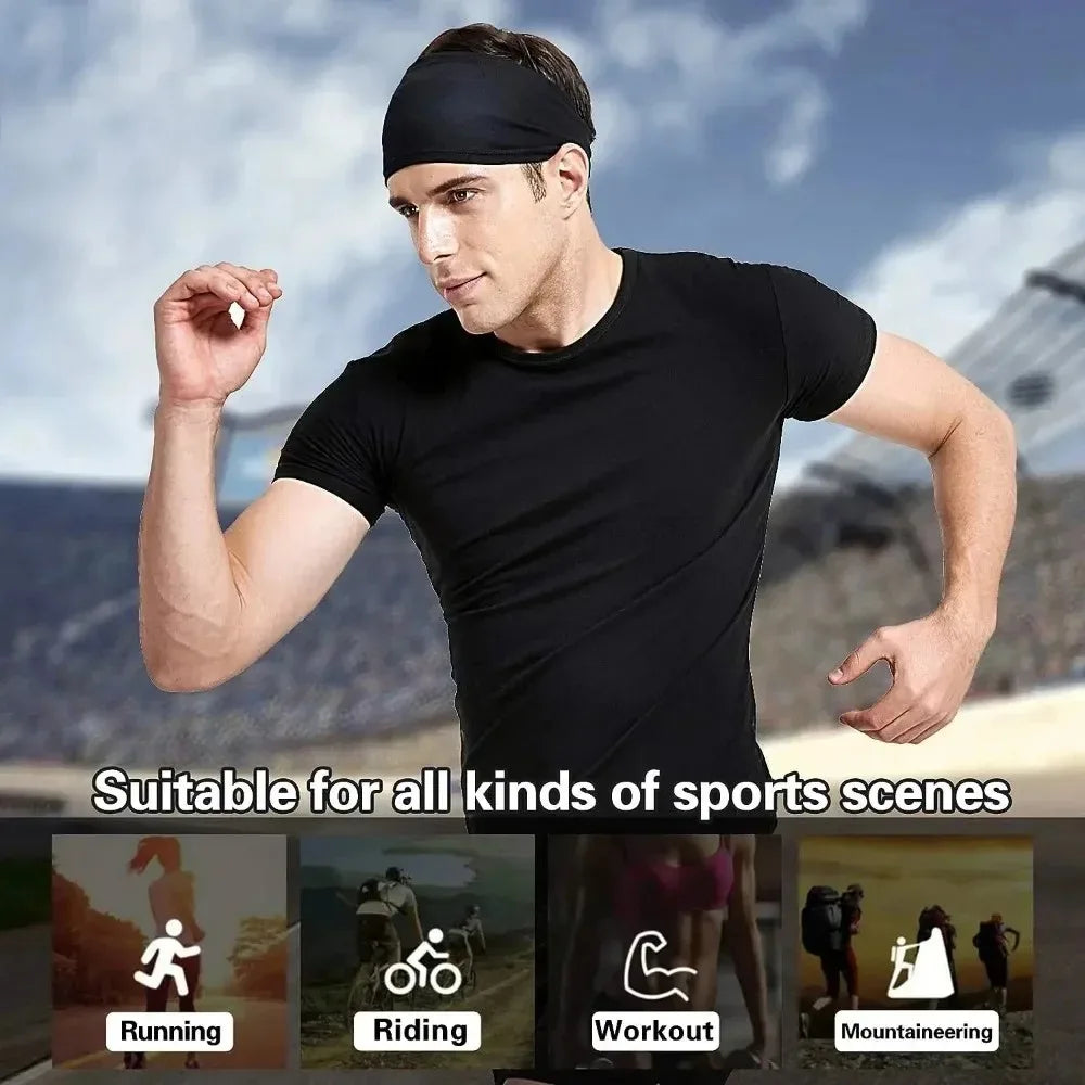 A male model wearing a black t-shirt and a black sports headband demonstrating various sports activities.