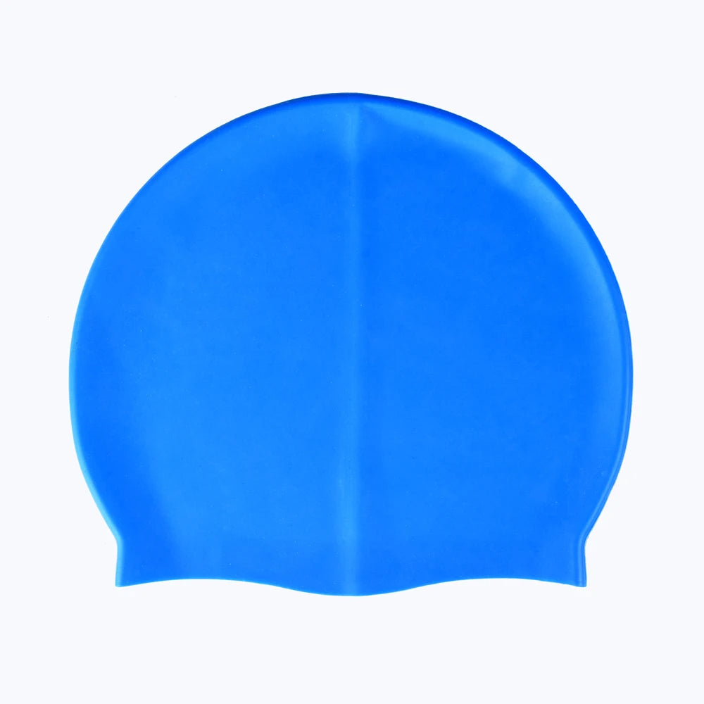 A bright blue waterproof silicone swimming cap viewed from the side.