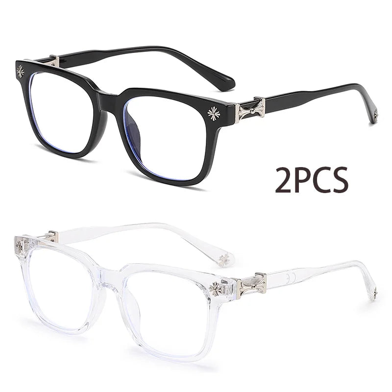 A pair of black square blue light blocking glasses and a pair of clear frame lenses are shown.