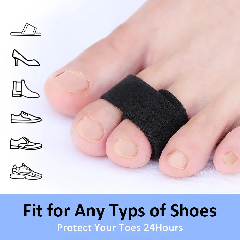 A hand wearing a black orthopedic toe wrap, demonstrating fit for various shoe types.