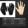 Black tactical full finger outdoor gloves shown with size options and palm circumference measurements