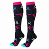 Black compression elastic socks with pink and teal ribbon designs for sports and daily wear