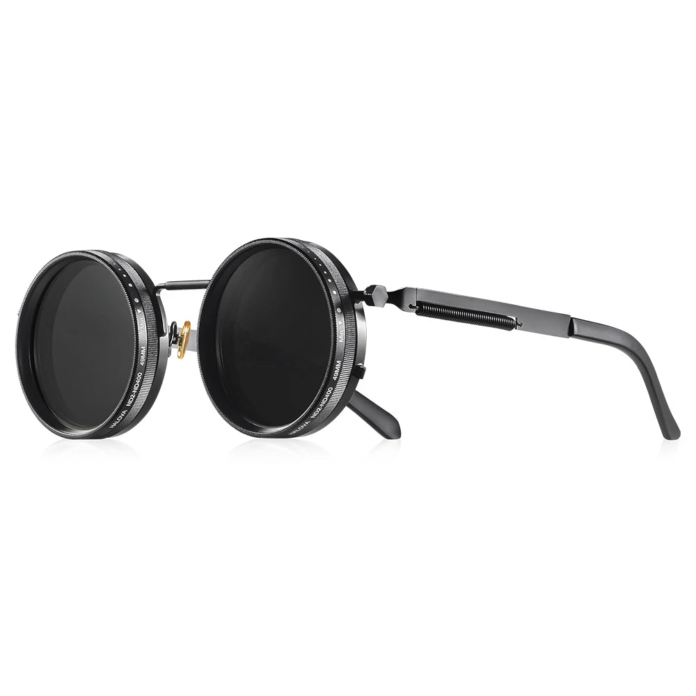 Lunettes de soleil noires polarisées réglables avec une branche flexible.