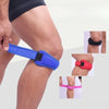 Blue and black adjustable knee patellar tendon support strap worn on the leg.