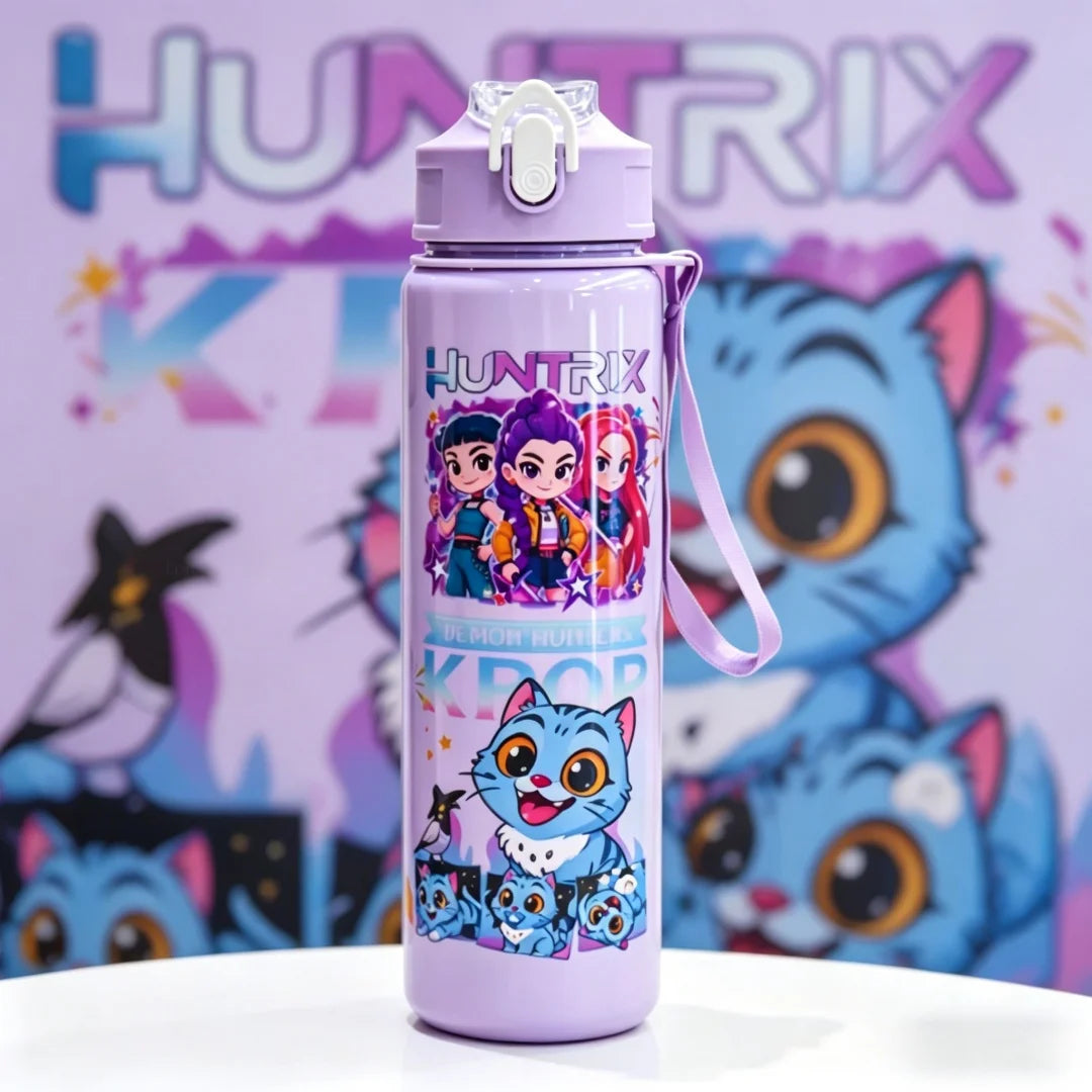 A purple cartoon character water bottle with a carrying strap set against a colorful background featuring cat characters.