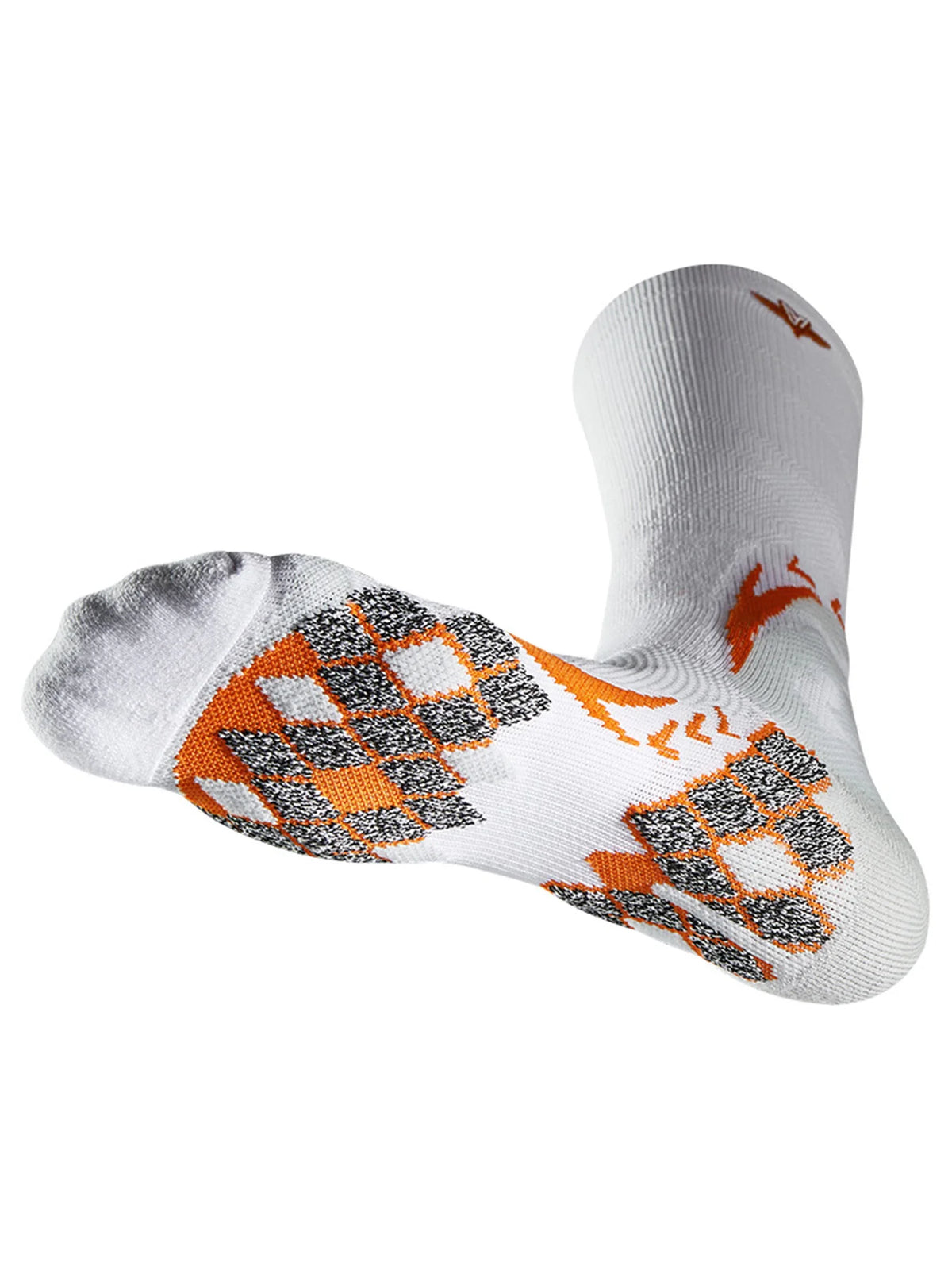 A close-up view of a white athletic sock with orange and gray patterned designs.