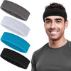 Three moisture-wicking athletic headbands in black, white, and blue shown next to a man wearing a black headband.