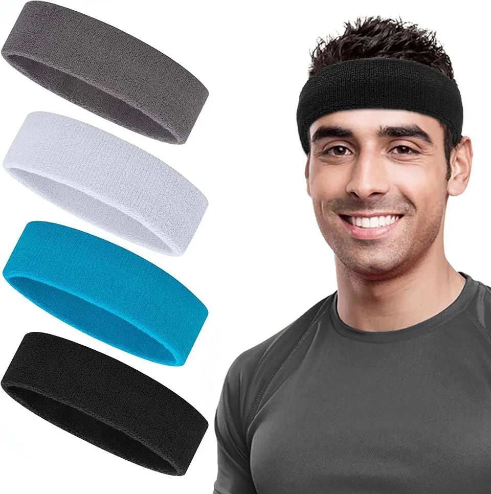 Three moisture-wicking athletic headbands in black, white, and blue shown next to a man wearing a black headband.