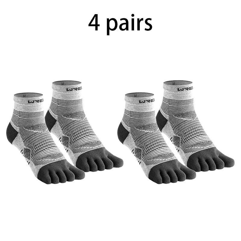 Four pairs of black and gray high-performance five-finger compression socks displayed side by side.