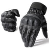 A pair of black tactical touch screen outdoor gloves shown in a close-up view.