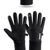 A pair of black thermal fleece touchscreen gloves shown from the palm side and a close-up of the cuff.