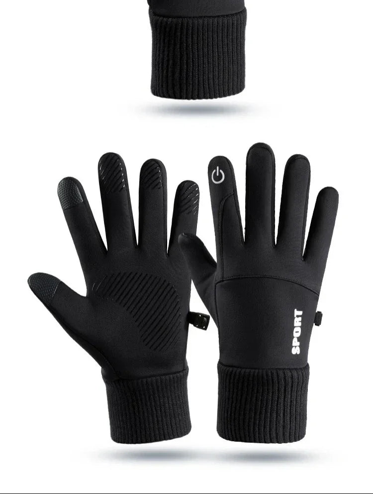 A pair of black thermal fleece touchscreen gloves shown from the palm side and a close-up of the cuff.