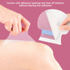 Hands are applying adhesive backing and tear-off stickers to a body area, showing the product layers.