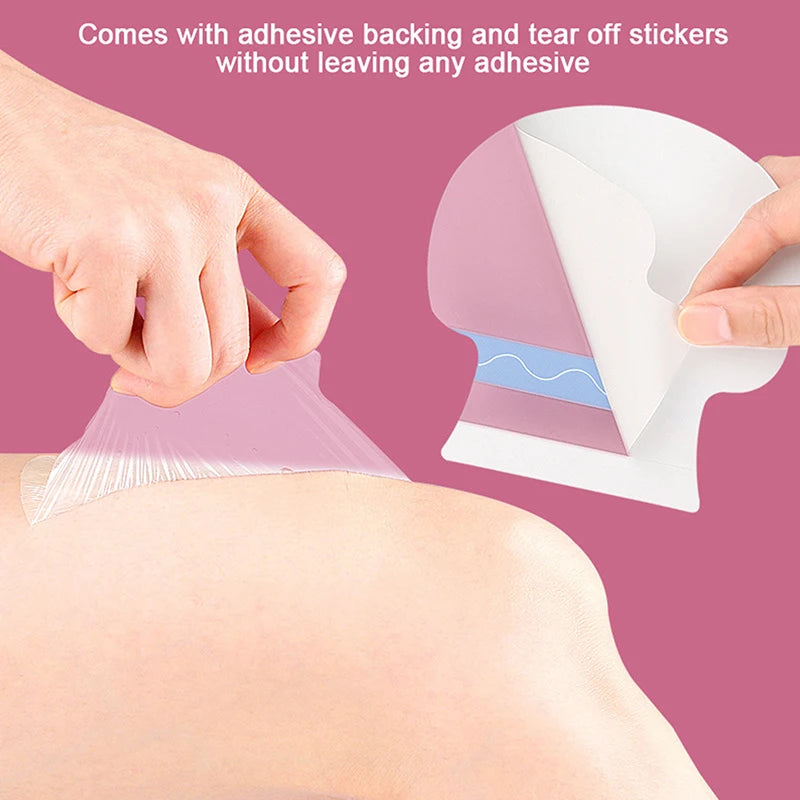 Hands are applying adhesive backing and tear-off stickers to a body area, showing the product layers.