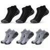 A set of black and gray athletic running socks for men and women displayed in various styles.