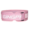 Pink adjustable fitness lifting belt with white text and black buckle