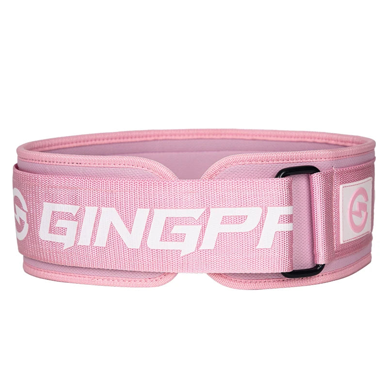 Pink adjustable fitness lifting belt with white text and black buckle