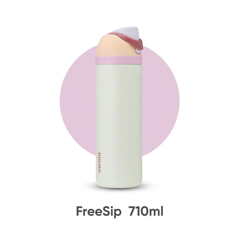 A white insulated stainless steel tumbler with a pink straw lid shown vertically.