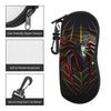Black neoprene pouch with a red and gold spider web design and a keychain carabiner clip