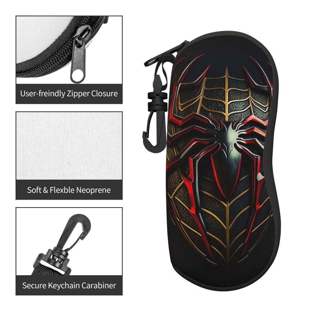Black neoprene pouch with a red and gold spider web design and a keychain carabiner clip