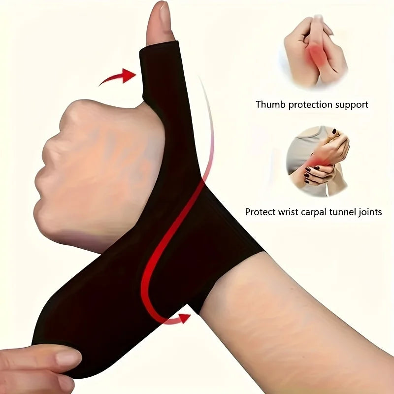 Una banda ergonómica negra para la muñeca, mostrando protección para el pulgar y soporte para la articulación del túnel carpi
