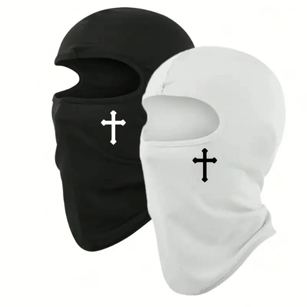Black and white breathable full face balaclava ski mask shown in a flat lay view