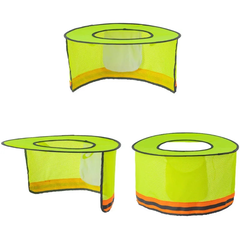 A bright lime green reflective safety neck shield hat rolled up, showing its mesh and orange trim.