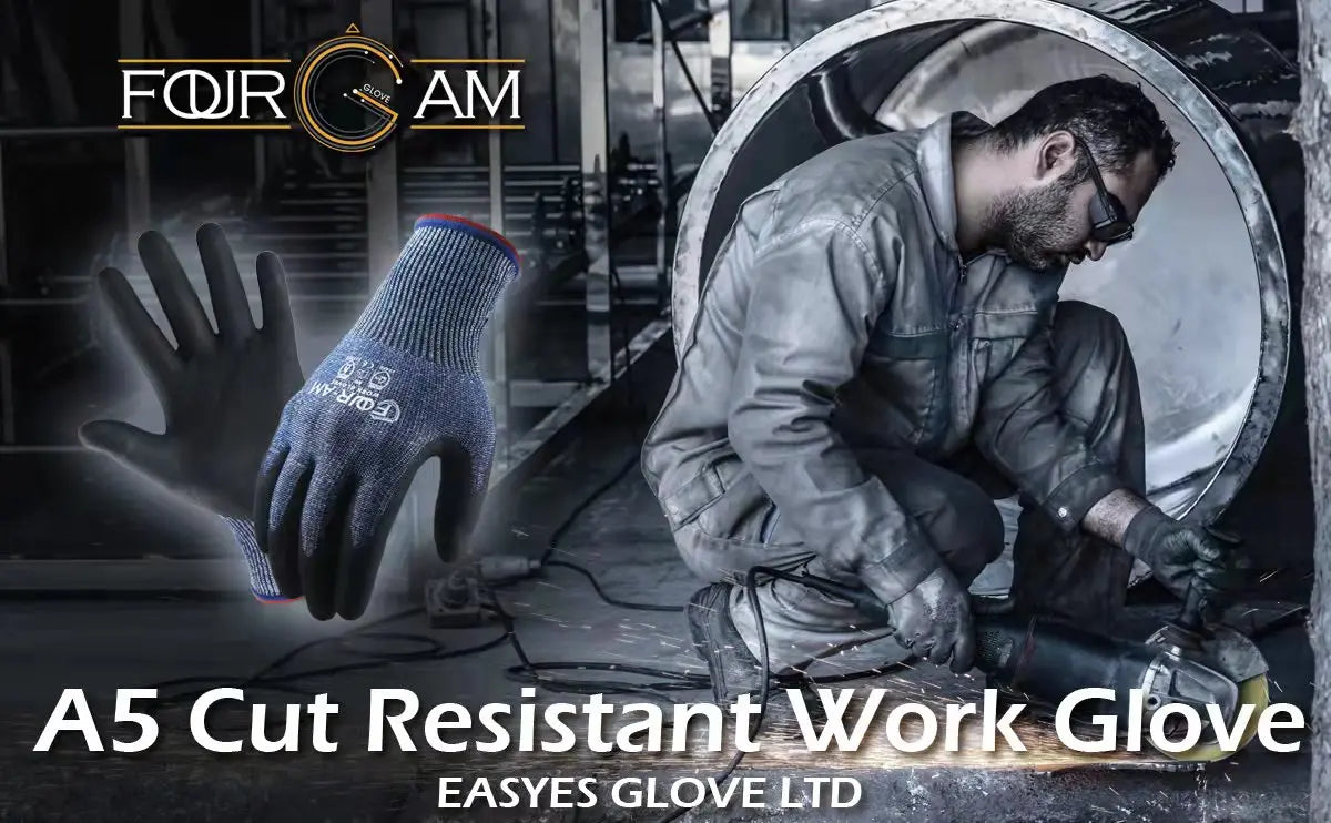 A close-up of a person wearing an A5 Cut Resistant Work Glove while working, with another glove visible.