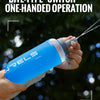 A hand holds a blue bottle with a spigot, demonstrating a bite-type switch one-handed operation.
