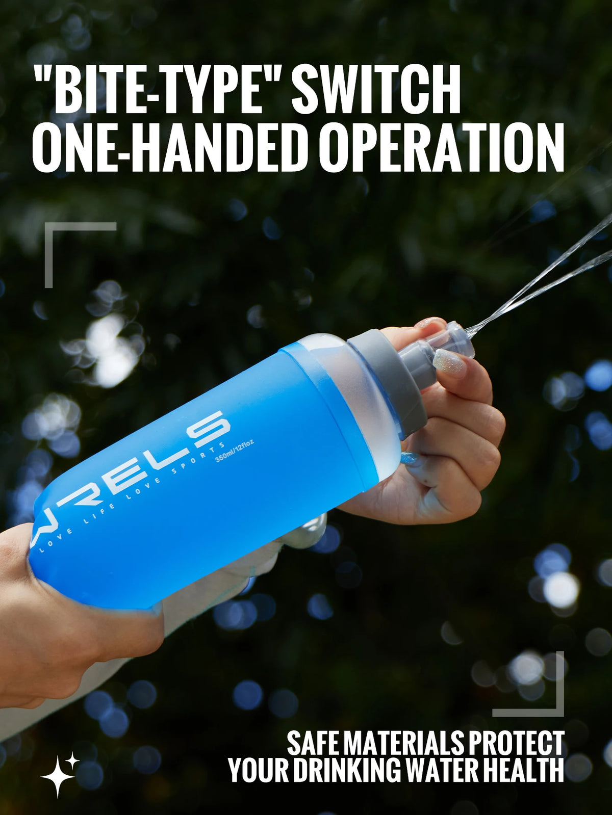 A hand holds a blue bottle with a spigot, demonstrating a bite-type switch one-handed operation.