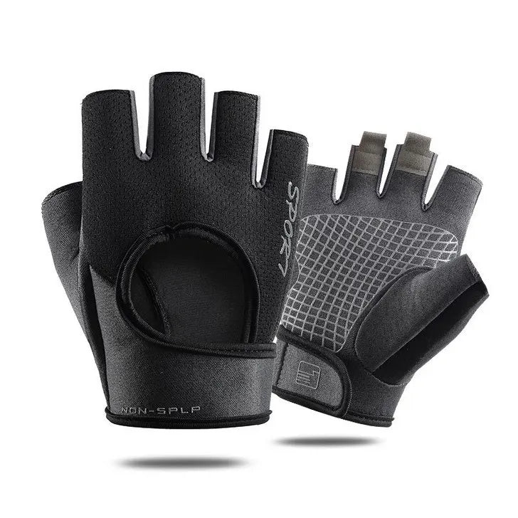 Black sports half-finger cycling and fitness gloves shown from above