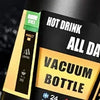 A close-up of a black insulated vacuum bottle with an all day hot drink label and BPA free designation.