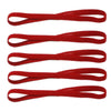 Five red elastic silicone sports headbands laid out horizontally.