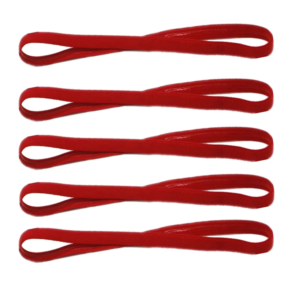 Five red elastic silicone sports headbands laid out horizontally.