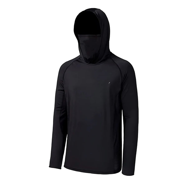 Black men's outdoor sun protection long-sleeve shirt with a hood