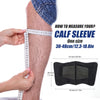 A hand is measuring a calf sleeve on a leg, showing the size and fit of the compression brace.