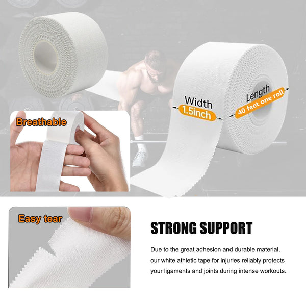 Roll of white athletic support tape showing its width and length with a hand demonstrating its easy tear and strong support f