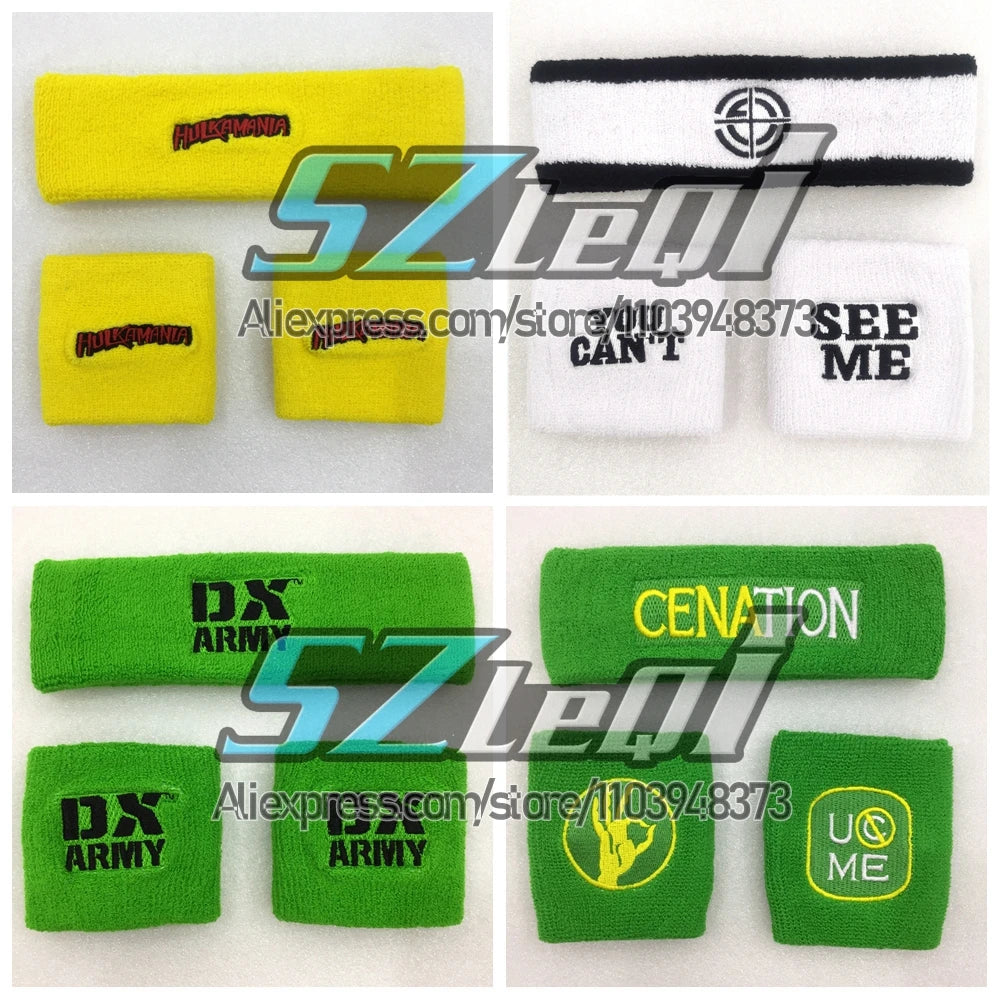 A collection of embroidered cotton sports wristbands in yellow, black, and green colors.