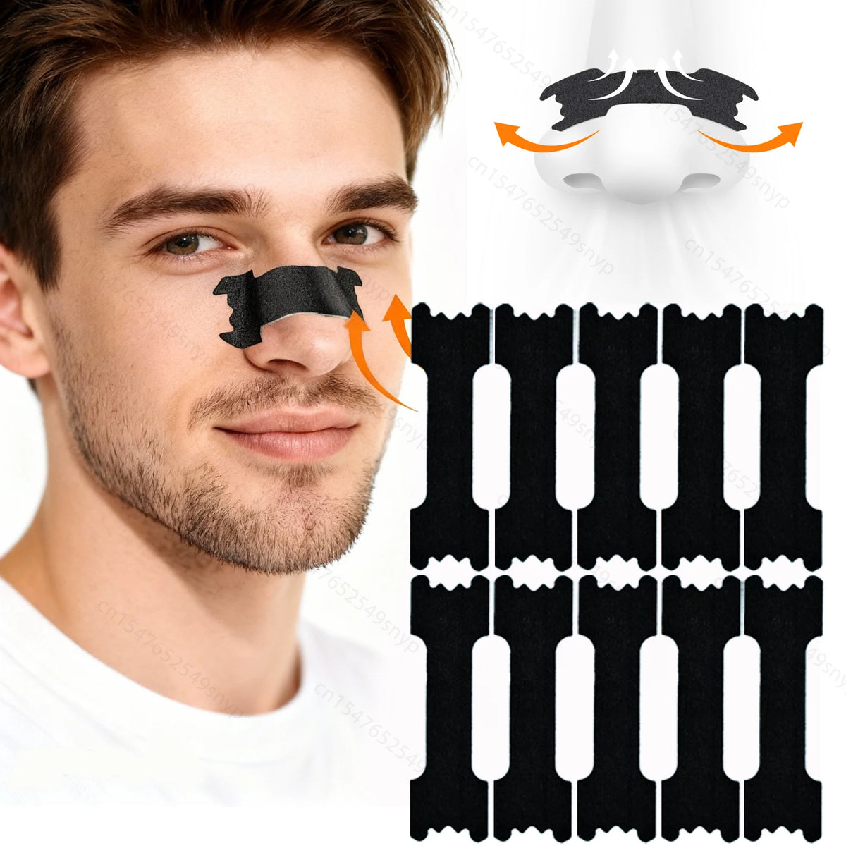 A man is shown applying extra strength nasal strips for snoring relief to his nose.