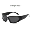 A pair of black Y2K retro sports sunglasses shown against a white background.