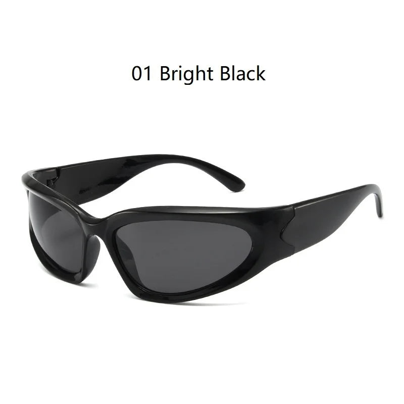 A pair of black Y2K retro sports sunglasses shown against a white background.