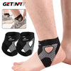 Black ultra-thin ankle brace for joint support shown on a foot and leg.